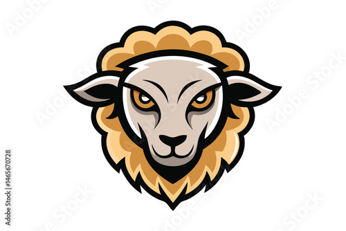 Fierce sheep mascot illustration shows a determined gaze with golden eyes on white