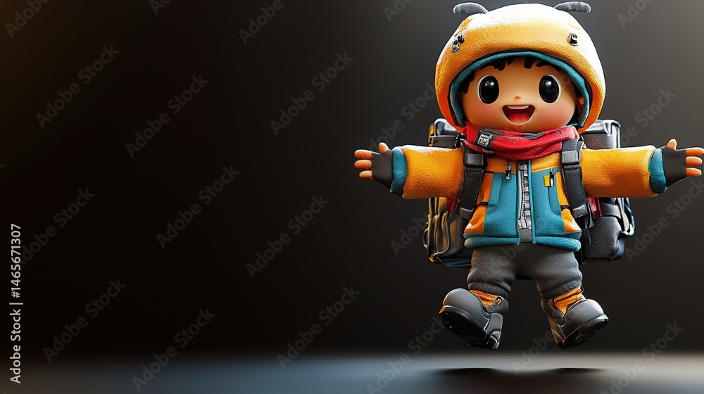 Obraz premium Joyful cartoon child in winter gear leaps