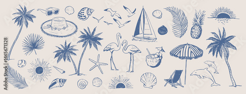 Summer beach doodles. Coastal vacation drawings. Hand drawn illustration of palm trees, sun, boat and seashells. Graphic background elements.