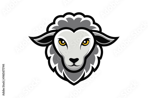 A sheep head with gray wool and golden eyes looks directly forward calmly