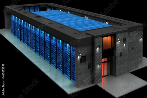Digital render of a modern server room building with glass walls, exterior lighting, and illuminated server racks