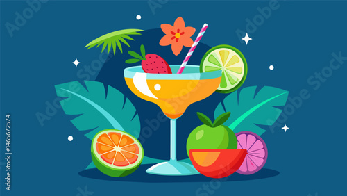 A colorful tropical twist on the traditional margarita with fresh fruit and a splash of coconut.. Vector illustration