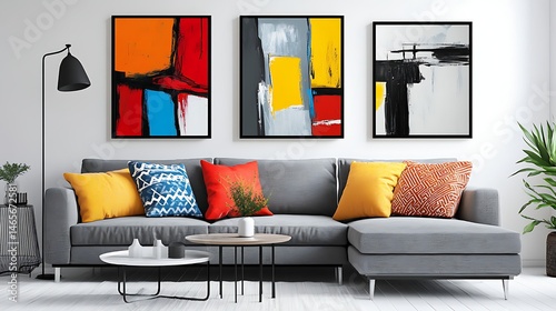 Modern abstract art prints displayed in a contemporary living room.