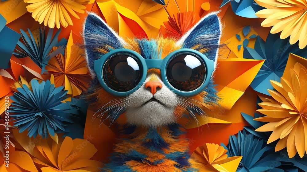 Fototapeta Colorful cat wearing sunglasses amidst vibrant flowers