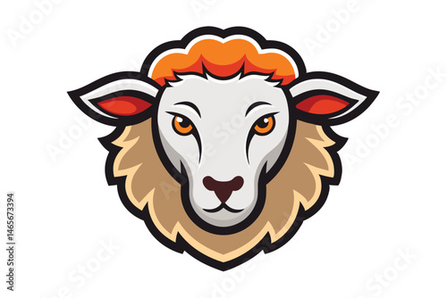 A detailed stylized sheep's head with golden eyes looks directly forward boldly