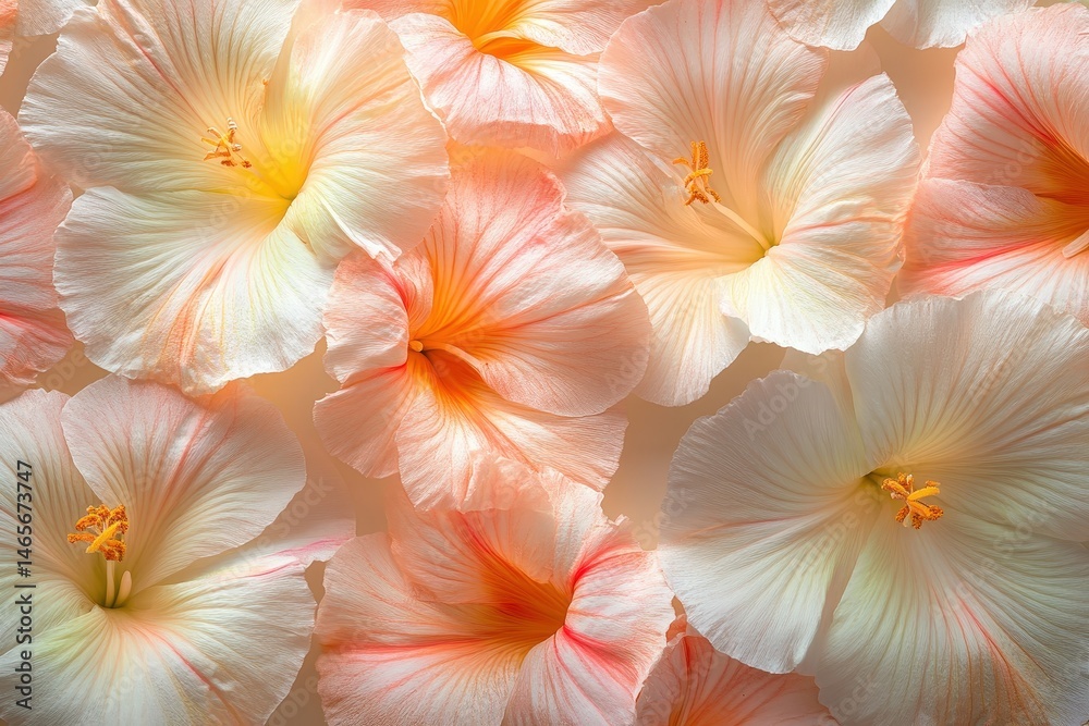 Close-up view of delicate, pastel-toned flowers. Close-up view of delicate, pastel-toned flowers.