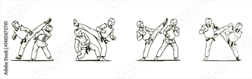 Black and white vector illustration of taekwondo athletes in action. Two intense fighting scenes showing powerful high kicks during martial arts competition. Perfect for combat sports themes.