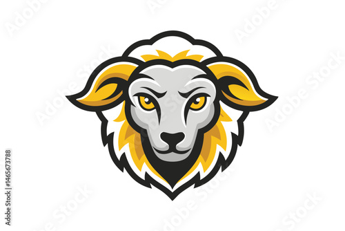 Intense sheep mascot gazes forward, featuring striking yellow eyes and distinctive fleece details