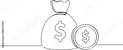 Continuous Line Drawing of Money Bag and Coin 