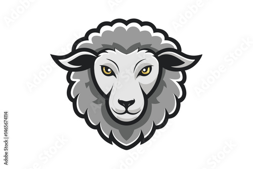 A stylized grey sheep head with bright yellow eyes stares intensely forward