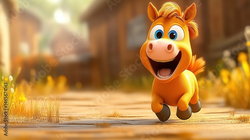 Cute cartoon horse running joyfully in a rustic setting