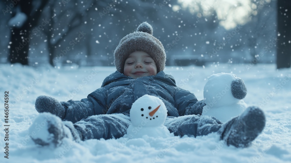 Contentment and tranquility of a child playing in a snowy park. Contentment and tranquility of a child playing in a snowy park.