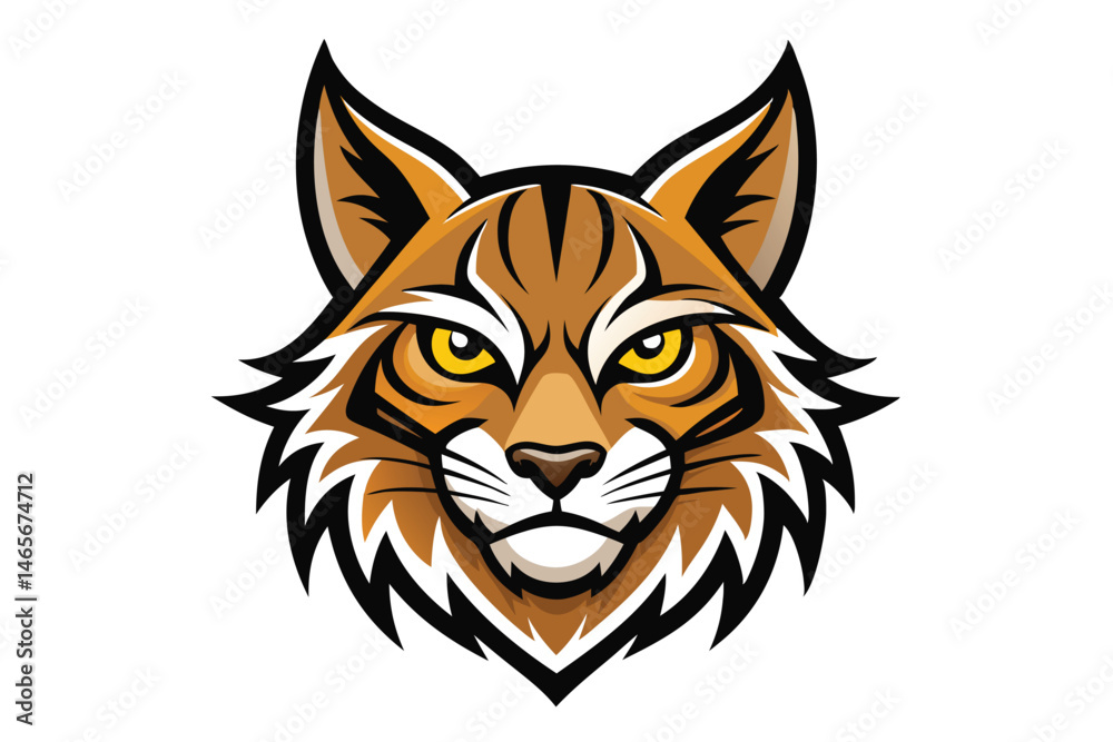 Obraz premium Detailed bobcat face emblem displays fierce yellow eyes and striped head fur prominently