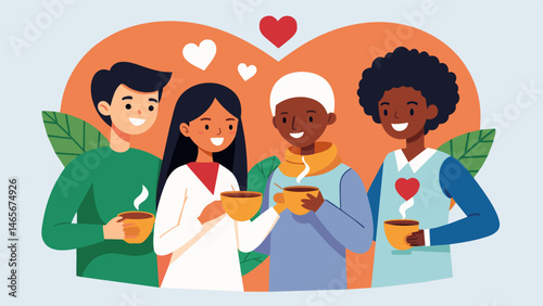 A group of students from Ethiopia and Lebanon bond over their mutual love for hearty stews and fragrant es.. Vector illustration