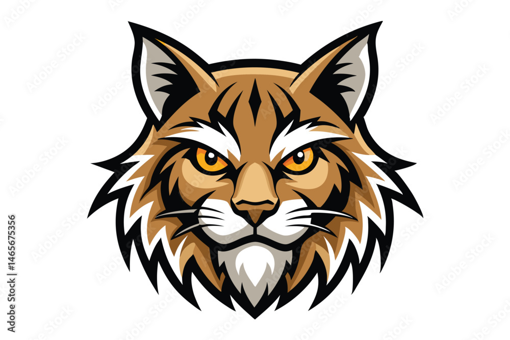 Fototapeta premium An illustrated bobcat head with golden eyes presents a symmetrical animal design