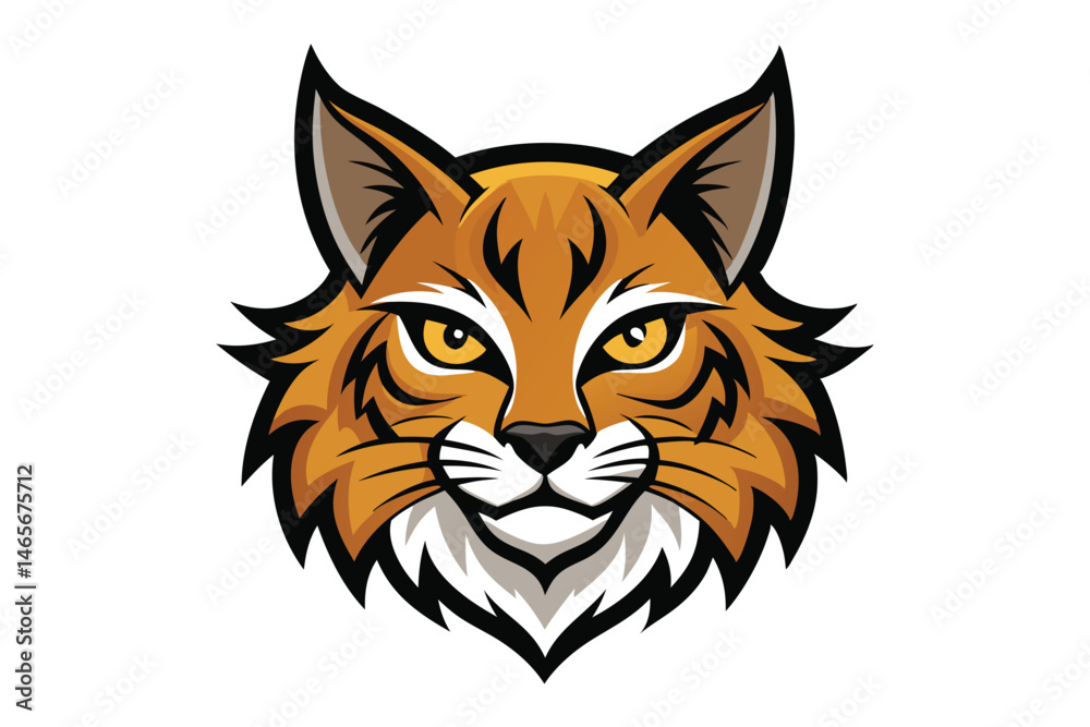 Cartoon bobcat head is shown in with striking yellow eyes and orange fur Cartoon bobcat head is shown in with striking yellow eyes and orange fur