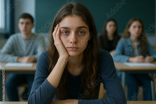 Tired student girl in classroom. Need to sleep, big dark circles