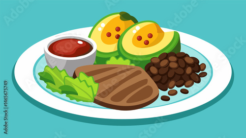 A traditional Costa Rican lunch of casado featuring a generous portion of marinated steak hearty black beans and fresh buttery avocado slices.. Vector illustration