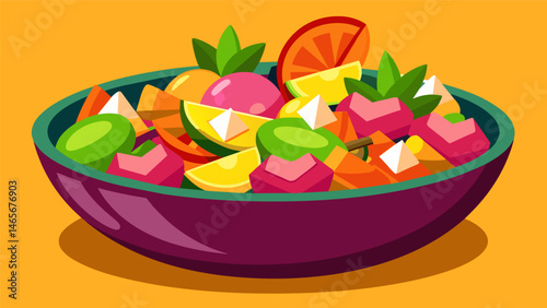 A colorful array of diced ingredients including onions jalapenos and mangoes mixed together in a large bowl to create a unique fruit salsa.. Vector illustration