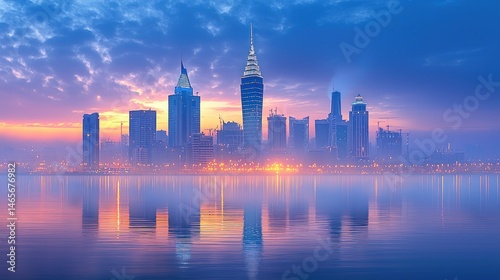 City Skyline Reflection at Dawn Over Water with Foggy Atmosphere