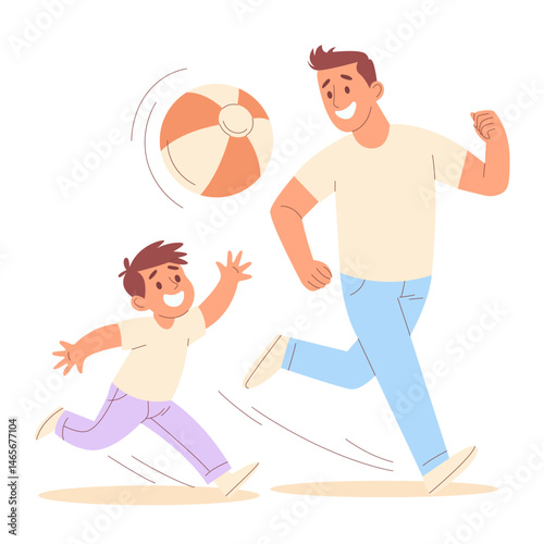 Happy father and son playing with a ball. Joyful family time, outdoor activity. Vector flat hand drawn illustration for parenting, childhood, family fun, Father's Day concept. Isolated background.