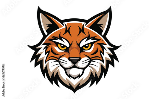 Striking bobcat head displays sharp, golden eyes with striped, orange fur in detail