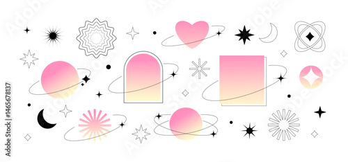 Minimalistic linear elements, trendy linear frames, stars, planets, bright gradient. Ideal for designs, templates, social media, stickers, and fashion prints.