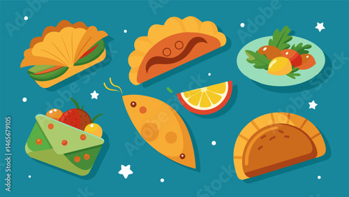 A diverse selection of empanadas including traditional options like beef and potato as well as more adventurous fillings like shrimp and avocado.. Vector illustration