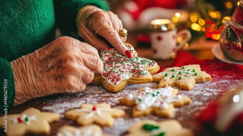 Elderly hands decorate festive Christmas cookies.