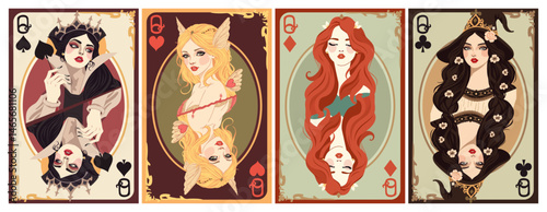 Queen of Spades, Queen of Hearts, Queen of Clubs and Queen of Diamonds. Playing cards vector set. Art nouveau style