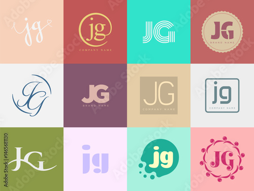 JG logo company template. Letter j and g logotype. Set different classic serif lettering and modern bold text with design elements. Initial font typography.