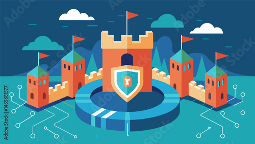 A digital moat surrounding a fortified castle of encryption warding off potential intruders and keeping data safe.. Vector illustration
