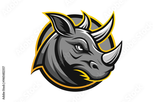 Gray rhino head stares intensely with a yellow circle around it on white