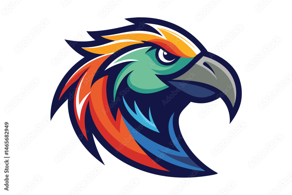 Fototapeta premium Colorful parrot head with sharp features exhibits strong and focused gaze on a white background
