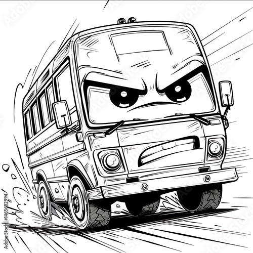 toddler coloring book of a cute detailed cartoon vector style outline side angle view Minibus with determined face racing no blackcolored fillin truck tires neat b photo