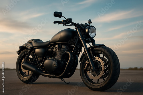 Black matte motorcycle parked on open road at sunset