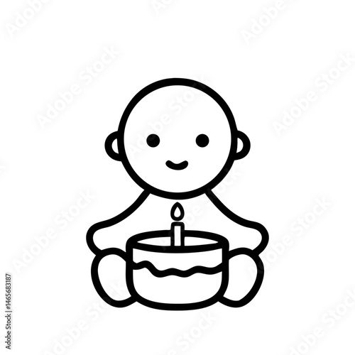 Cute baby celebrating with a birthday cake and candle, icon, vector  
