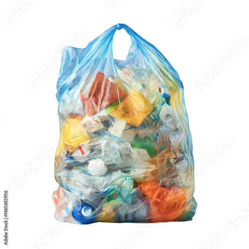 Colorful plastic waste bag filled with assorted recyclable materials ready for collection