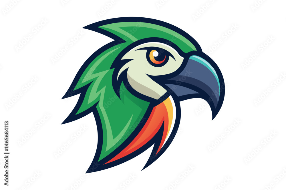 Fototapeta premium A stylized parrot head featuring green feathers and a striking orange eye is displayed