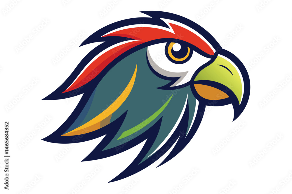 Obraz premium Cartoon parrot profile showcases colorful plumage and a striking, stylized eye on a clean backdrop