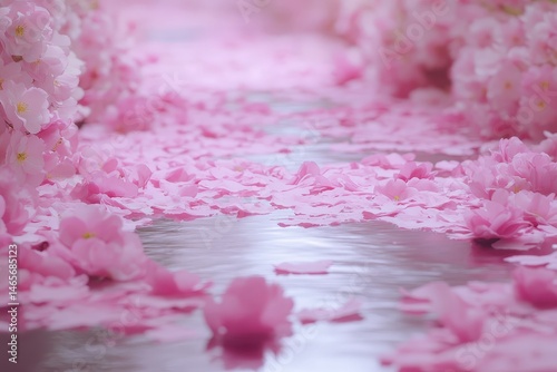 A pathway strewn with delicate pink petals.