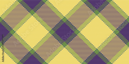 Tee textile texture plaid, tie pattern seamless fabric. 60s check vector tartan background in yellow and violet colors.