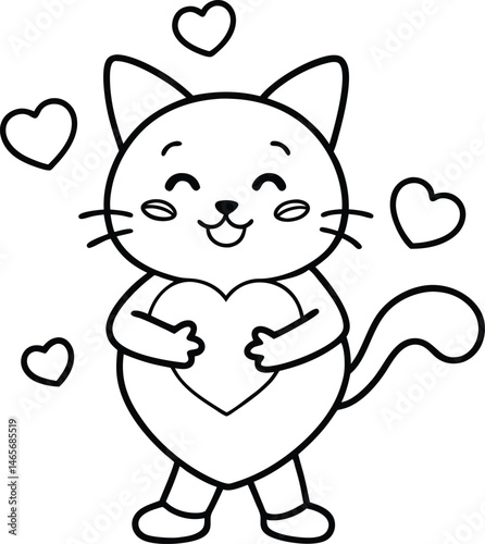 Cute Cat Holding Heart Outline Illustration 