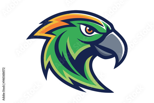 Isolated green parrot head boasts a sharp orange eye with determined focus
