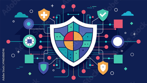 A complex mosaic of data pieces encrypted by intertwining algorithms forming a shield against cyberattacks.. Vector illustration