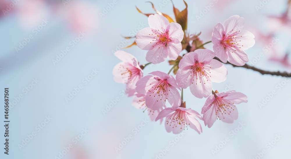 Obraz premium Elegant close-up of delicate pink cherry blossoms against a soft blue backdrop