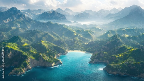 Lush green mountains meet turquoise sea. Aerial view of coastal valleys