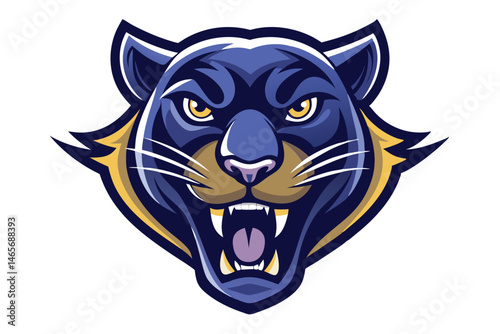 Ferocious black panther mascot roars with bright yellow eyes and bared teeth