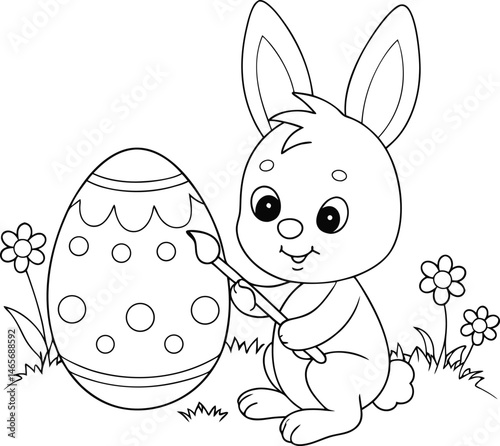 Cute Easter Bunny Painting Egg Outline Illustration
