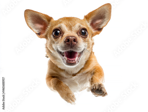 A compact, mid-motion Chihuahua against a plain backdrop, with large expressive eyes and erect ears Its coat is predominantly light cream or tan, mouth wide open likely barkingyelpi - AI-Generated